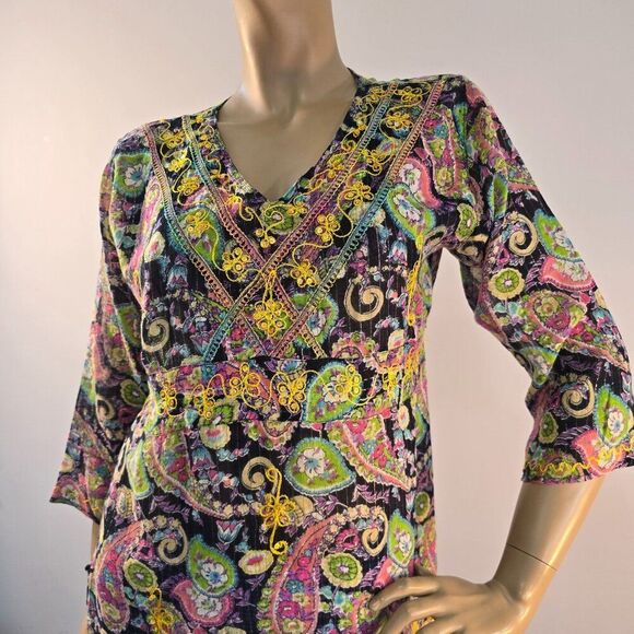 Colorful Floral Paisley Tunic with Embroidery Sz M Ethnic Tribal Vibe - Picture 3 of 7